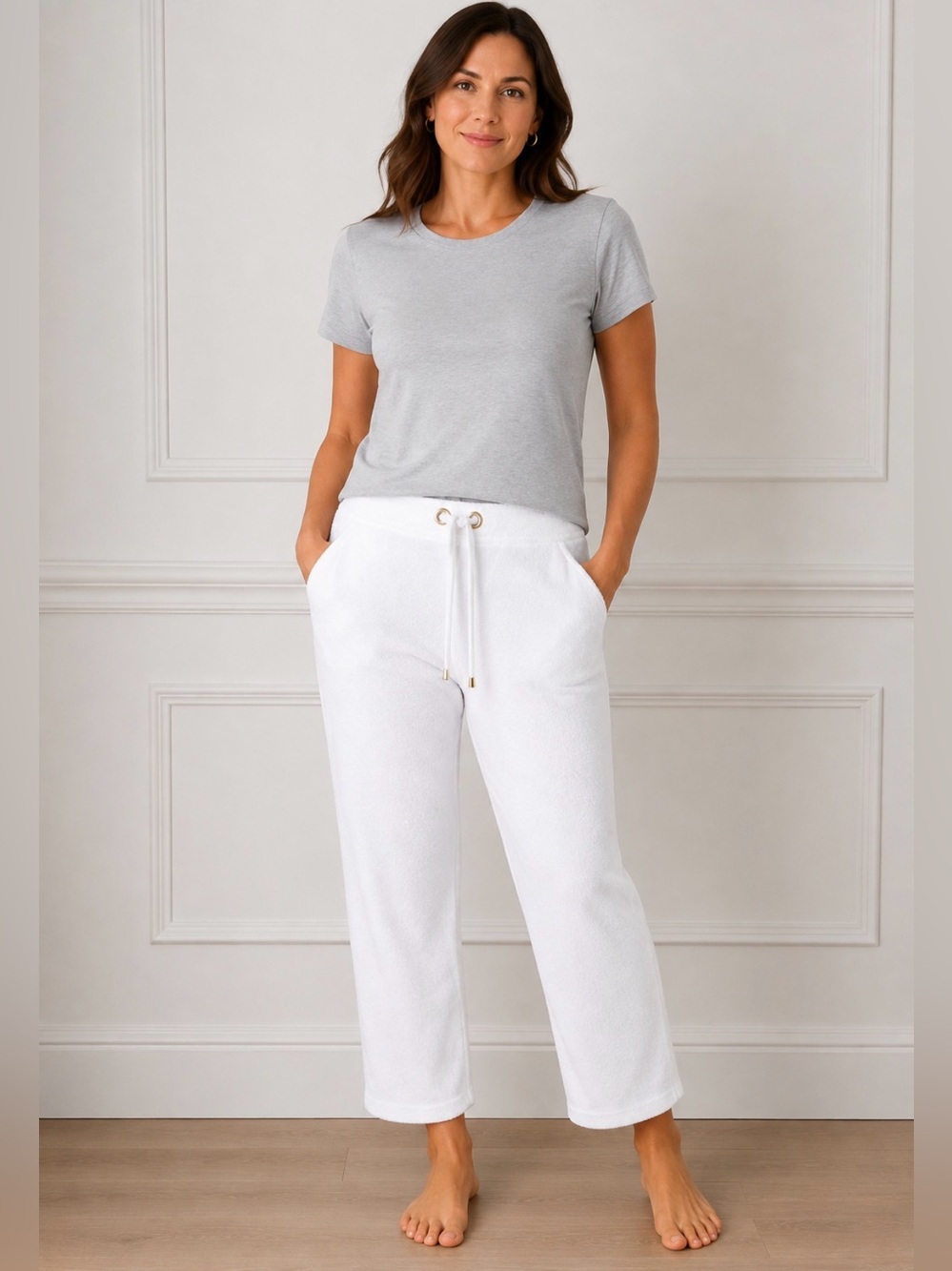 Talbots White Terry Cloth High Rise Drawstring Pants Women’s L Gold Hardware